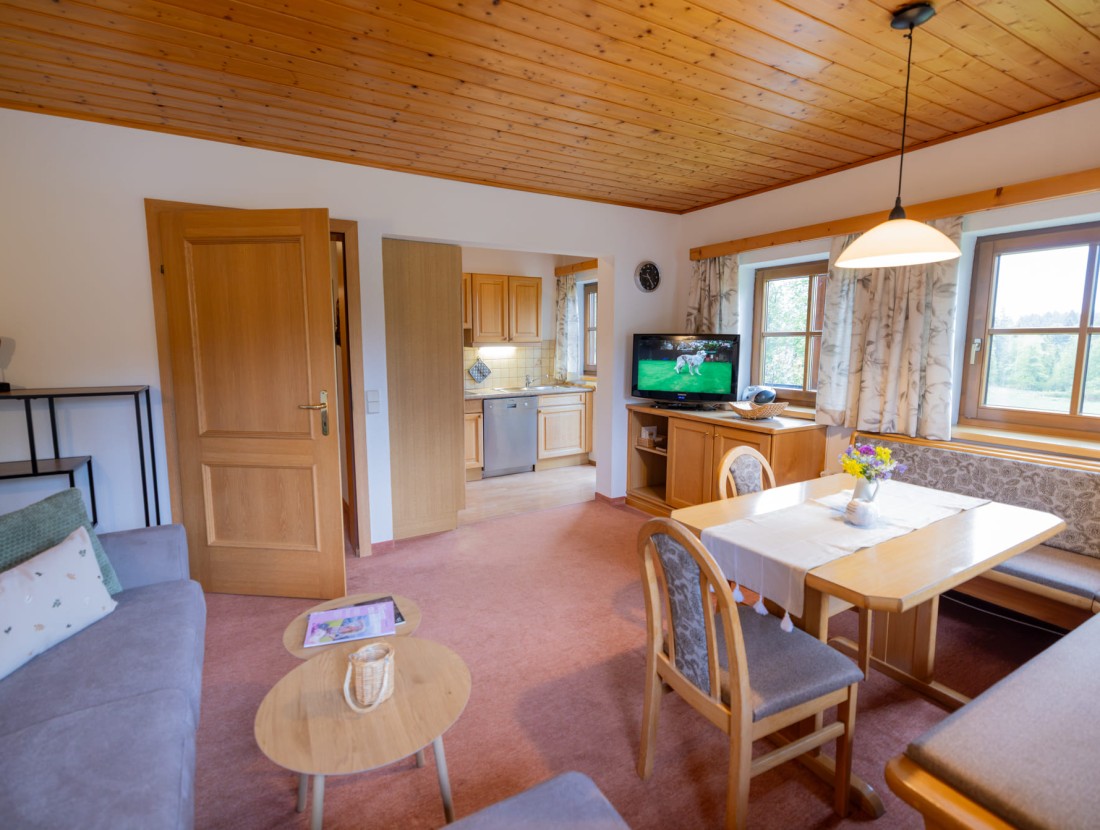 Wohnzimmer mit Holzmöbeln, Fernseher, Sofa und Esstisch, offener Zugang zur Küche